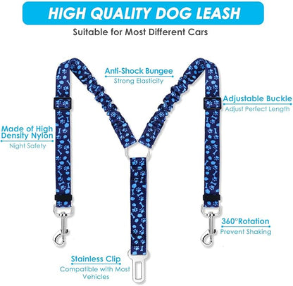 SlowTon Dog Seat Belt, Double Dog Seatbelt Adjustable Vehicle Safety Leash with Elastic Bungee Buffer, Reflective No Tangle Y Shape Two Dog Harness Seat Belt Splitter for Pets Car Trip (Blue Paws, M)