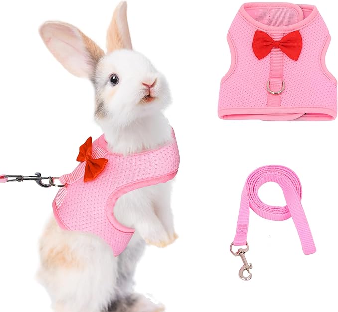 AIITLE Bunny Harness and Leash Set with Cute Bow, Soft Breathable Mesh Vest Harness for Rabbits Kitten Ferret Small Pig Puppy Walking Supplies Pink M