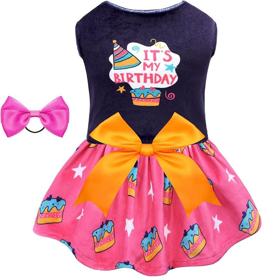 CuteBone Birthday Dog Dresses Velvet Holiday Small Dogs Clothes Onesie Pet Apparel Girl Puppy Skirt with Bow Hair Rope CVA51M-D