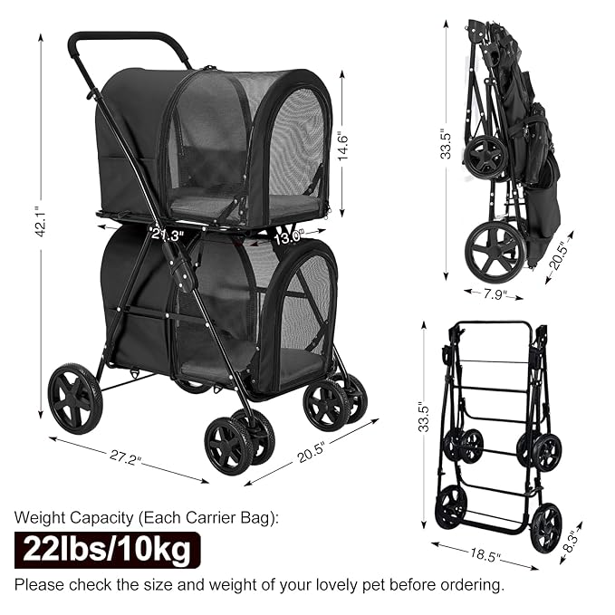 Double Pet Stroller for Dogs and Cats with 2 Detachable Carrier 4 Wheels,