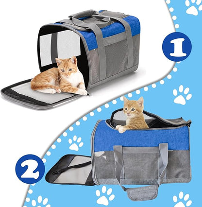 Cat Carrier Soft Puppy Carrier for Small Dogs Airline Approved Collapsible Soft-Sided Kitten Travel Carrier Foldable Cats Carrier for Small Medium Cat Dog Puppies Under to 15 Lb(Greyblue)