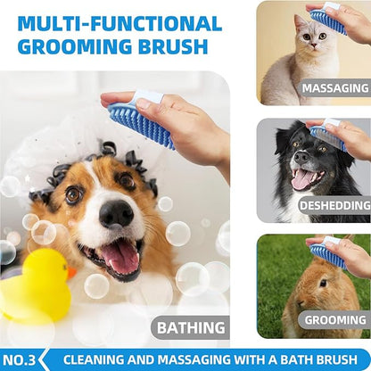 Bath Grooming Kit with Hair Brush, Towel & Scrubber Gloves - 6-in-1 Slicker Brush for Shedding Dogs & Cats, Blue