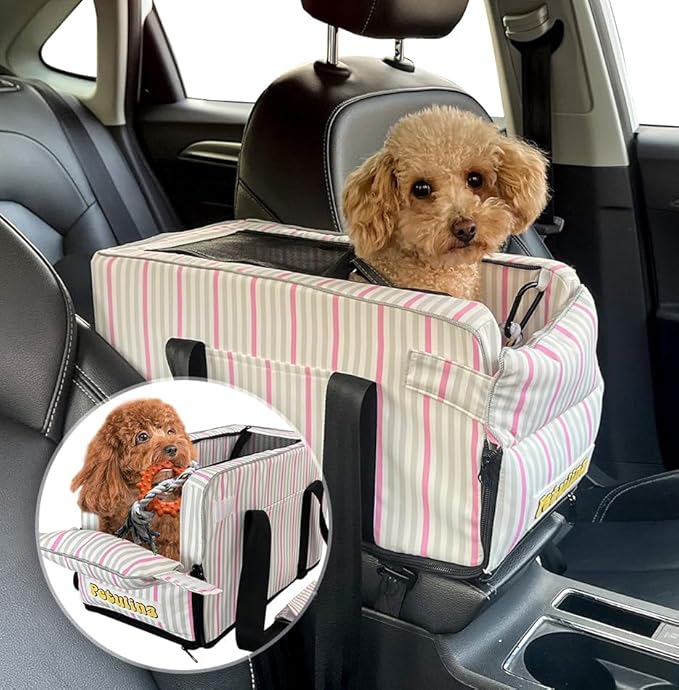 Dog Car Seats for Small Dogs with Toy Including, Console Dog Car Seat, Puppy Car Seat, Center Console Dog Car Seat Washable, Car Armrest Included Safety Tethers and Dog Toy by PETULINA (Pink)