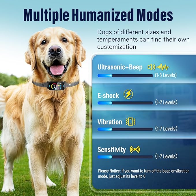 Bark Collar for Large Medium Dogs Smart Ultrasonic 7 Sensitivity