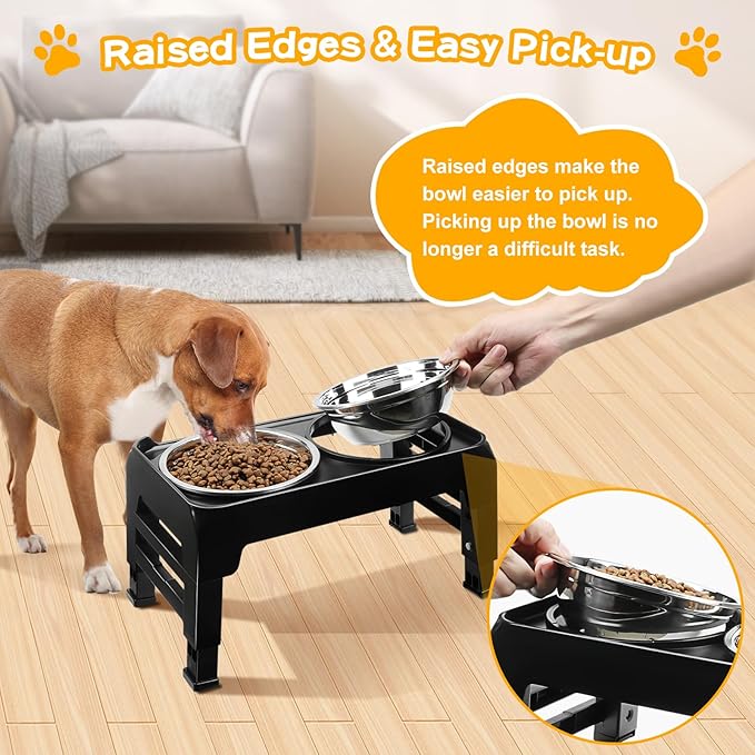 Elevated Dog Bowls for Small Medium Dogs 3 Height Adjustable Raised Dog Bowl Stand with 2 Thick 6" Stainless Steel Dog Food Bowls Non-Slip Dog Feeder Adjusts to 2.75", 6", 7.5", Black