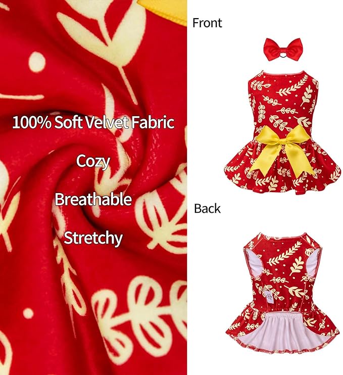 CuteBone Dog Dresses Velvet Holiday Small Dogs Clothes Onesie Pet Apparel Girl Puppy Skirt with Bow Hair Rope CVA30XS