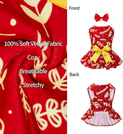 CuteBone Dog Dresses Velvet Holiday Small Dogs Clothes Onesie Pet Apparel Girl Puppy Skirt with Bow Hair Rope CVA30XS