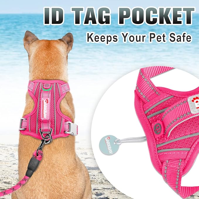 BARKBAY No Pull Dog Harness Large Step in Reflective Dog Harness with Front Clip and Easy Control Handle for Walking Training Running with ID tag Pocket(Pink,M)