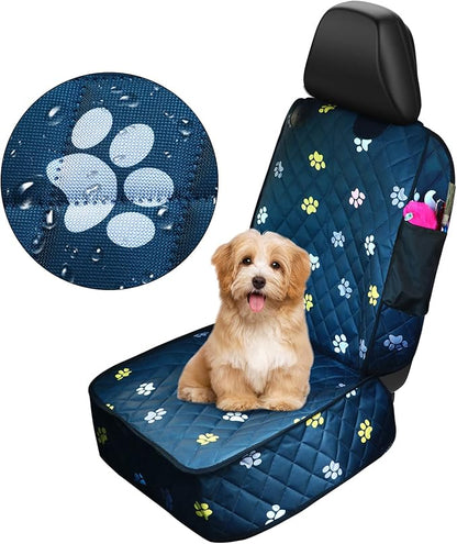 Riakrum Dog Car Seat Cover for Front Durable Colored Paw Prints Waterproof Protector Against Dirt Scratch Proof Non Slip Padded Quilted Front Seat Covers for Dog for Cars