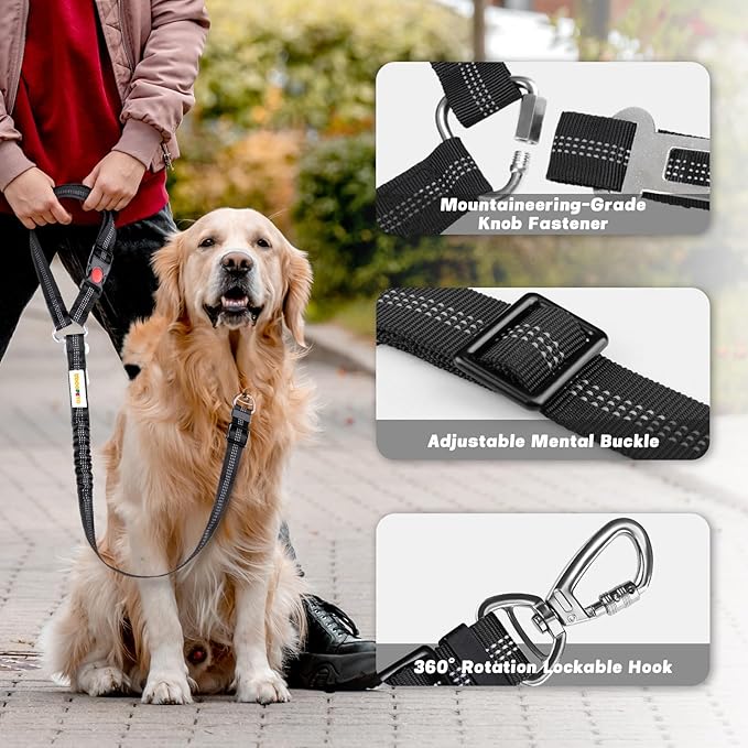 Dog Seat Belt for Car, Adjustable 4-in-1 Dog Car Seatbelt Leash with Hook & Buckle, Reflective Dog Seatbelt Harness for Car with Vehicle Car Headrest & Swivel Carabiner and Poop Bag, Black