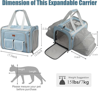 HSC PET Cat Bag Small Dog Carrier,Light Blue,Airline Approved,Expandable Soft-Sides Travel Handbag for Large Kitty,Puppy,Kittens Sturdy Transport Trip Totes,MAX 25lb(Blue,2Sides Expandable)