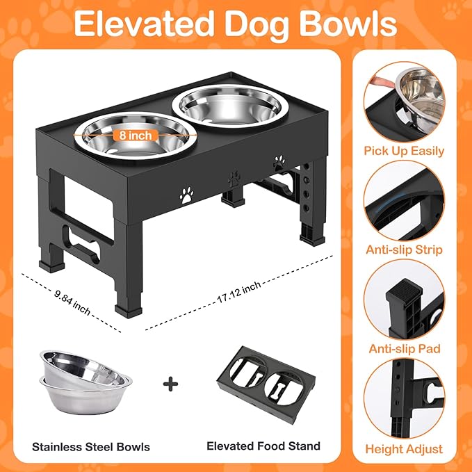 Elevated Dog Bowls 5 Height Adjustable with 2 Stainless Steel Dog Food Bowls Stand Non-Slip No Spill Dog Dish Raised Dog Bowl Adjusts to 3.1”, 9”, 10”, 11”, 12” for Medium Large Dogs