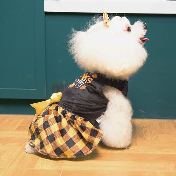 CuteBone Happy Thanksgiving Day Dog Dress Velvet for Small Dogs Girl Puppy Dresses Yellow Plaid Dog Clothes CVA03M-D