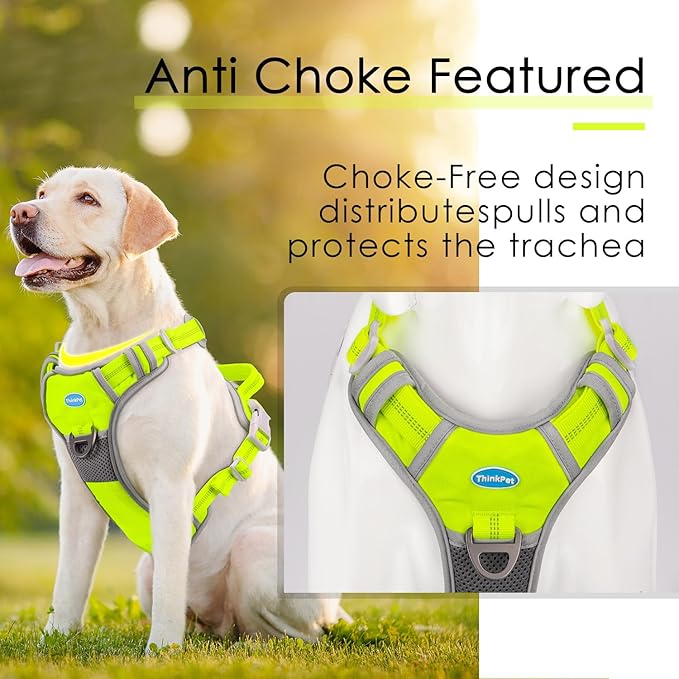 ThinkPet No Pull Harness Breathable Sport Harness with Handle-Dog Harnesses Reflective Adjustable for Medium Large Dogs,Back/Front Clip for Easy Control XL Neon Green