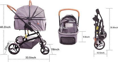 Pet Stroller Up to 55lbs Folding Lightweight Dog Stroller Cat Travel Stroller 600D Linen 360° cardan 3-in-1 Jogger