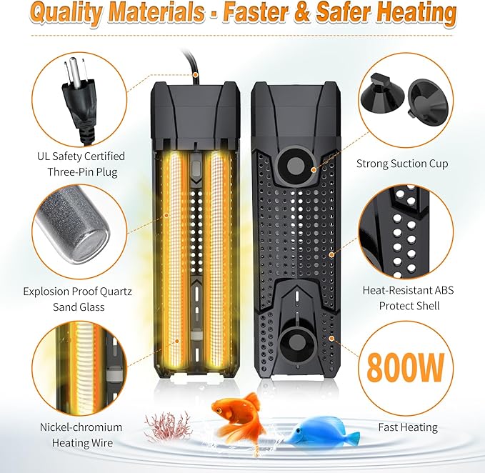 Aquarium Heater 300W/500W/800W/1000W for 20-300 Gal, Fish Tank Heater with Intelligent Leaving Water Automatica Stop Heating and Overheating Protection, for Freshwater & Saltwater