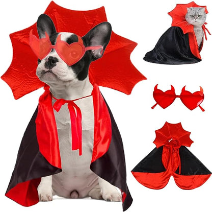 Dog Vampire Cloak Costume Halloween Pet Cloak Cat Cape Devil Horns Sunglasses 2PCS Novelty Halloween Costumes Demon Outfits for Small Medium Dog Cat Witch Cloak Clothes Funny Wizard Mantle Apparel