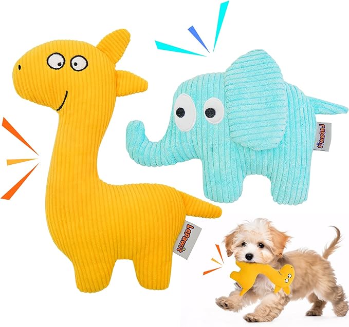 Squeaky Dog Toys, Cute Plush Toy for Dogs Indoor Play, Interactive Dog Toys with Non-Shedding Material for Small and Medium Dogs - Elephant & Giraffe