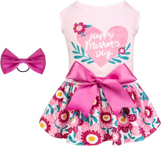 CuteBone Happy Mother's Day Dog Dress Velvet for Small Dogs Girl Floral Skirt Pink Puppy Dresses Dog Clothes CVA22L-D