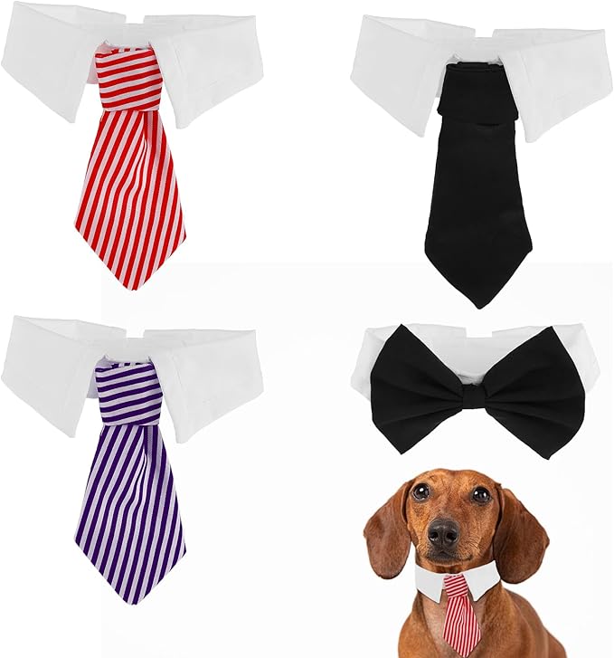 4Pcs Pet Bow Tie Adjustable White Dog Collar with Formal Classy Stripped Neck Tie Dog Tie Puppy Grooming Ties Party Accessories for Small Dogs and Cats (S, Black, Red, Blue)