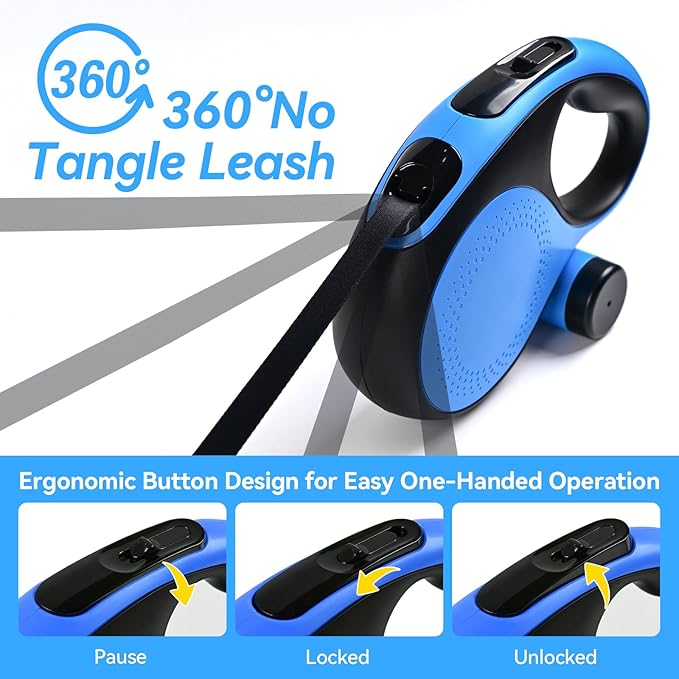 Retractable Dog Leash 16ft 360° Tangle-Free, 6-in-1 with 2 Poop 110lbs. (Blue, 16ft)