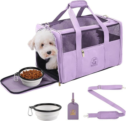 Luxury Pet Carrier for Dogs, Cats, Puppies - Airline TSA Approved, Durable Anti-Scratch Fabric, Soft-Sided, Consistent Airflow, Foldable Design, Cushion Pad, Travel (Lilac, Medium)