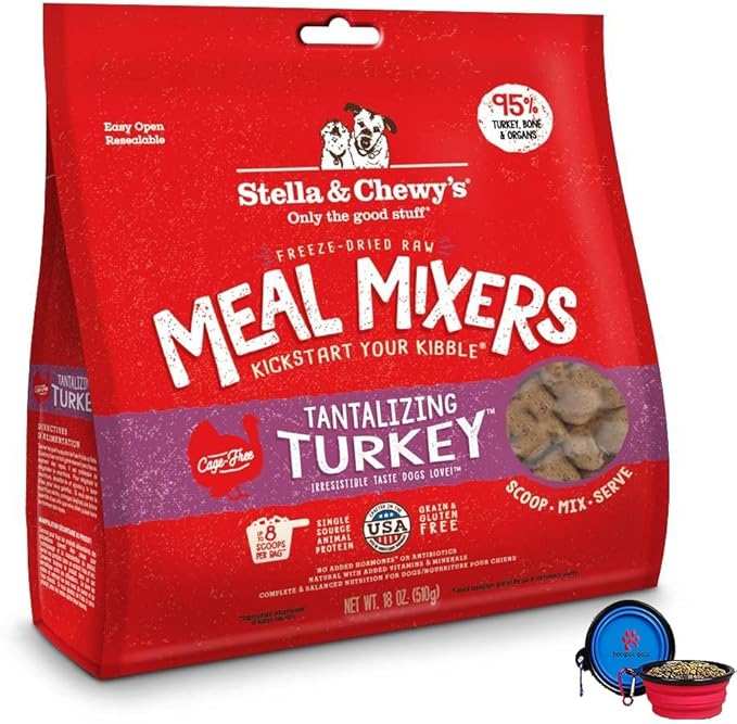 Stella & Chewy's Freeze Dried Dog Food,Snacks Super Meal Mixers 18-Ounce Bag with Hot Spot Pets Food Bowl - Made in USA (Turkey)