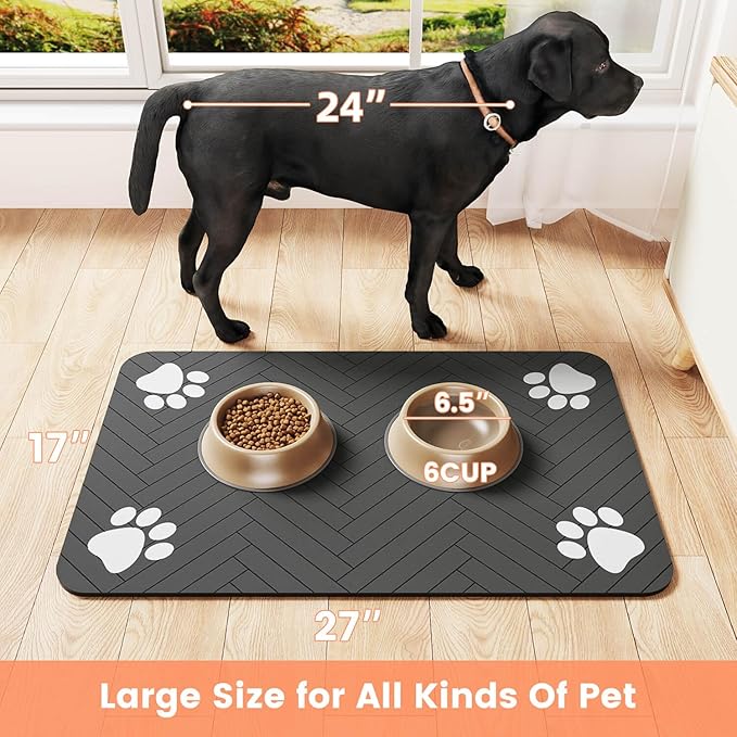 Pet Feeding Mat-Absorbent Pet Placemat for Food and Water Bowl, with Waterproof Rubber Backing, Quick Dry Water Dispenser Mat for Dog and Cat (17"x27", Striped Dark Gray)