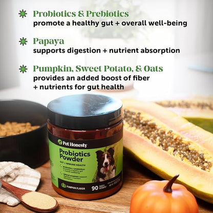 Pet Honesty All-Natural Probiotic & Pumpkin Powder Dog Supplement - Prebiotics, Probiotics, Enzymes & Antioxidants for Healthy Gut Flora, Digestion & Immunity (90 Scoops)