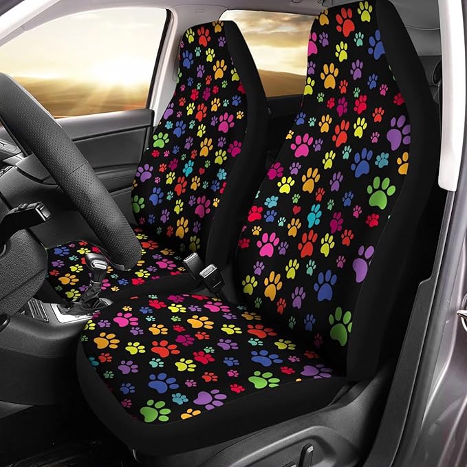 Colorful Dog Paw Printed Car Seat Cover Only for Front 2-Piece Waterproof