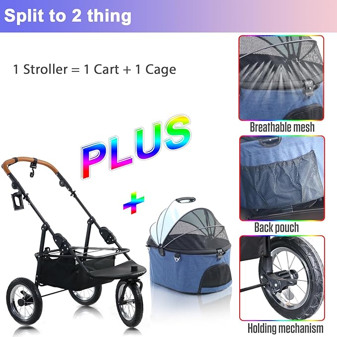 626W Upgradede Dog Stroller for Medium Dog Rope,3in1 Cat 3 Wheels