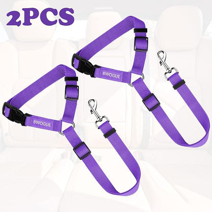 BWOGUE 2 Packs Dog Cat Safety Seat Belt Strap Car Headrest Restraint Adjustable Nylon Fabric Dog Restraints Vehicle Seatbelts Harness Purple