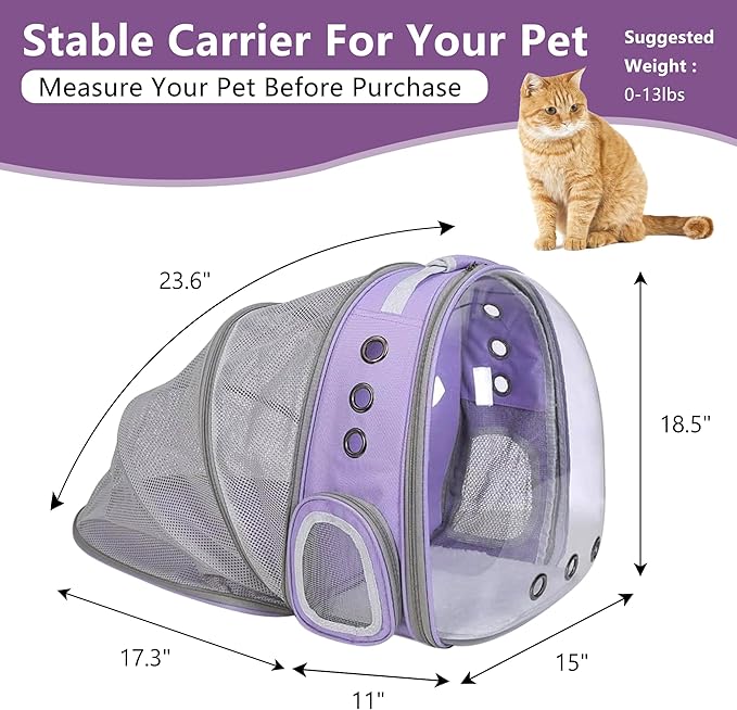 TOYSINTHEBOX Cat Backpack Carrier, Expandable Pet Bubble Backpack for Cat Small Dog Pet Travel Carrier Breathable Carrying Bag for Hiking, Travelling, Walking, Camping & Outdoor Up to 13 Lbs Purple