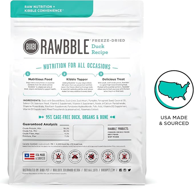 BIXBI Rawbble Freeze Dried Dog Food, Duck Recipe, 26 oz - 95% Meat and Organs, No Fillers - Pantry-Friendly Raw Dog Food for Meal, Treat or Food Topper - USA Made in Small Batches