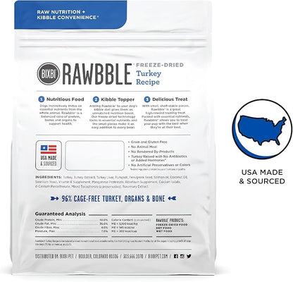 BIXBI Rawbble Freeze Dried Dog Food, Turkey Recipe, 4.5 oz - 96% Meat and Organs, No Fillers - Pantry-Friendly Raw Dog Food for Meal, Treat or Food Topper - USA Made in Small Batches