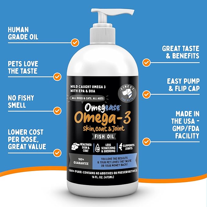 Omegease 100% Pure Omega 3 Fish Oil for Dogs & Cats 16 oz - Skin & Coat Supplement, Less Scratching & Shedding, Supports Joint Function, Immune, Brain & Heart Health. Natural EPA + DHA Fatty Acids