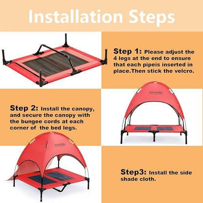 S/M/L Outdoor Elevated Dog Cot with Canopy & Side Shade for Camping Small Medium Dogs (Carry Bag)