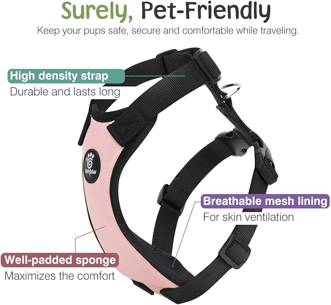 Dog Vehicle Safety Vest Harness, Adjustable Soft Padded Mesh Car Seat Belt Leash Harness with Travel Strap and Carabiner for Most Cars, Medium Size, Pink