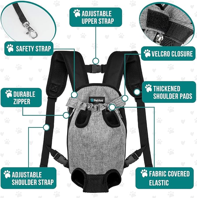 PetAmi Dog Carrier Backpack, Adjustable Pet Cat Front Carrier Backpack, Ventilated Dog Chest Carrier for Hiking Camping Travel, Sling Bag for Small Medium Dog Cat Puppies, Large, 12-16 lbs, Grey