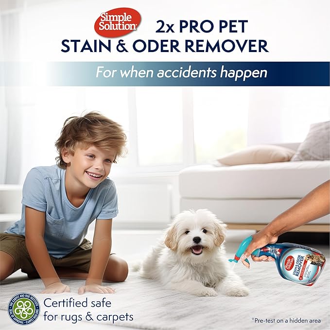 Simple Solution Stain and Odor Eliminator Spray for Dogs & Cats, Enzyme Cleaner With 2X Pro-Bacteria Cleaning Power, Strong Smell Remover for Carpets, Upholstery & Floors, 32 oz (Pack of 2)