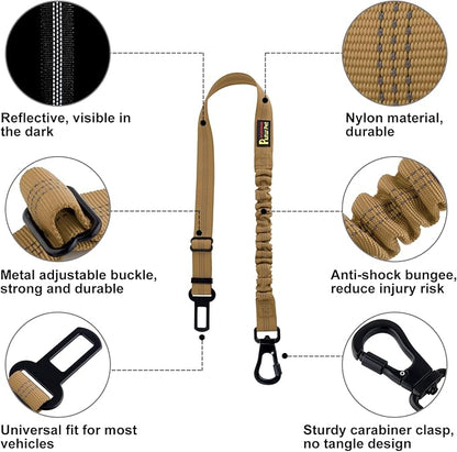 Plutus Pet Dog Seat Belt for Car, Adjustable Dog Car Harness with Carabiner Clip, Reflective Dog Seatbelt Leash with Elastic Bungee, Brown