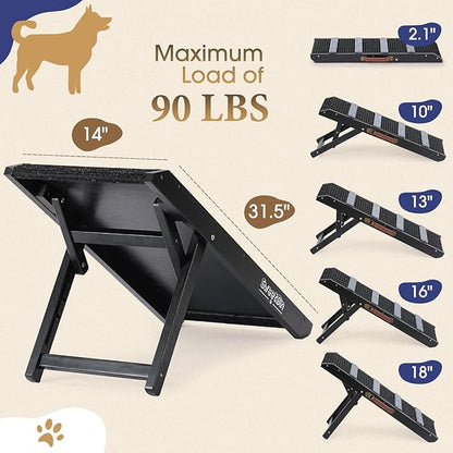 18" Tall Adjustable Pet Ramp - Small Dog Use Only - Wooden Folding Portable Dog & Cat Ramp Perfect for Couch or Bed with Non Slip Carpet Surface - 4 Levels Height Adjustable Up to 90Lbs