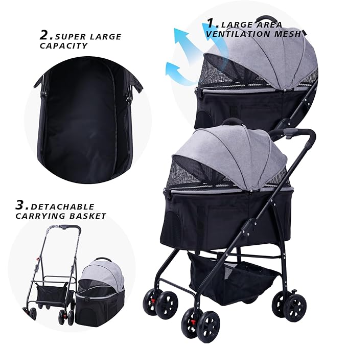 Dog Cat Pet Gear Stroller 3-in-1 Folding Lightweight for Small Medium Dog Cat with Detachable Carrier 4 Wheels