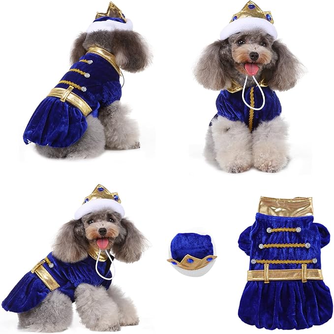 Yoption Dog Cat Prince Costumes with Crown Hat, Pet Halloween Christmas Velvet Cosplay Dress Funny Outfits Clothes for Puppy Dogs Cat (L)