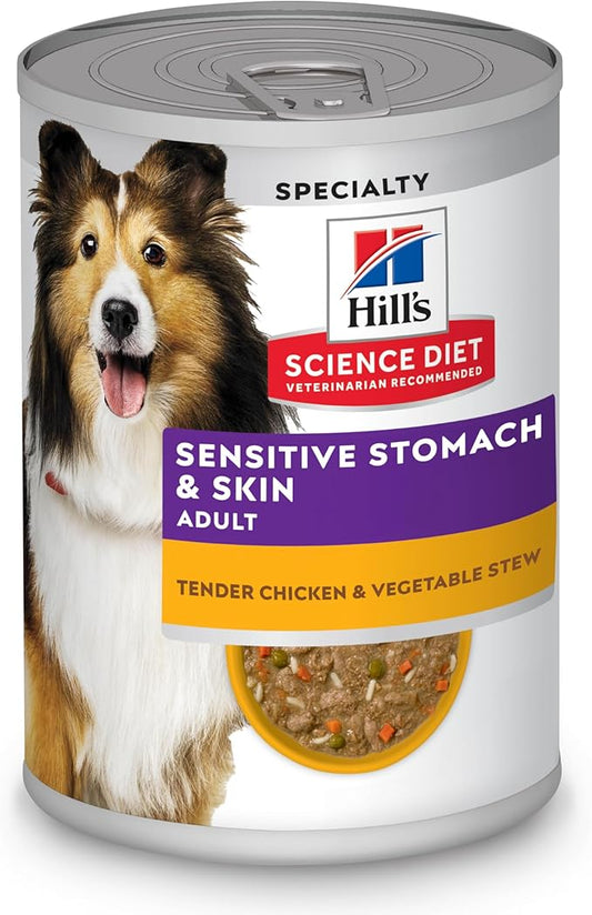 Hill's Science Diet Sensitive Stomach & Skin, Adult 1-6, Stomach & Skin Sensitivity Support, Wet Dog Food, Beef & Barley Stew, 12.5 oz Can, Case of 12