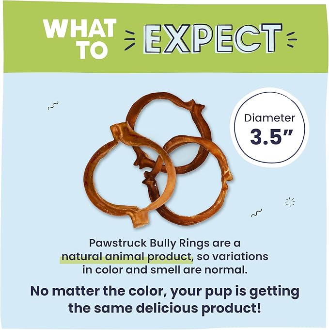 Pawstruck Natural 3.5" Bully Stick Rings for Dogs - Rawhide Free 100% Beef Single Ingredient Dental Chew Treat Bones - Fully Digestible Low Odor - 3 Pack - Packaging May Vary