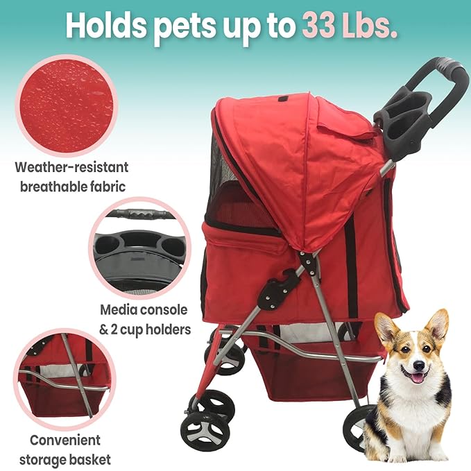 Critter Sitters 4-Wheel Dog Stroller for Small or Medium Sized Dogs and Cats with Scratch Resistant Breathable Mesh Windows and Safety Leash
