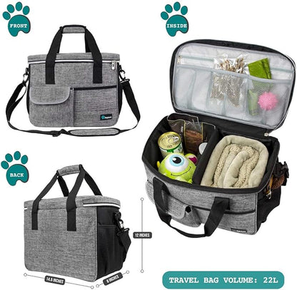 PetAmi Dog Travel Bag, Travel Pet Bag Organizer, Dog Food Travel Bag with Food Container and Bowls, Dog Travel Supplies Gift Accessories for Weekend Camping, Dog Cat Diaper Bag (Grey, Medium)