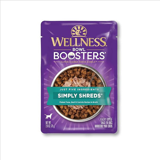 Wellness Bowl Boosters Simply Shreds Natural Grain Free Wet Dog Food Mixer or Topper, Tuna, Beef & Carrots, 2.8-Ounce Pouch (Pack of 12)