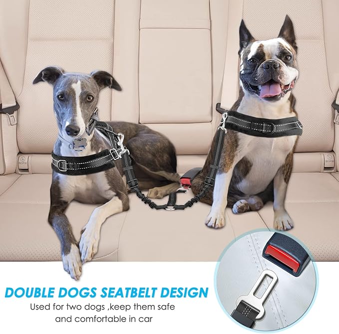 SlowTon Dog Seat Belt, Double Dog Seatbelt Adjustable Vehicle Safety Leash with Elastic Bungee Buffer, Reflective No Tangle Y Shape Two Dog Harness Seat Belt Splitter for Pets Car Trip (Black, M)